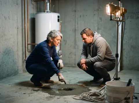 A technician crouches by a basement floor drain, explaining what she sees to the homeowner beside her.