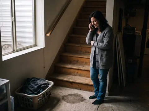 A woman on the phone at the foot of the basement stairs, looking at a wet patch on the carpet.