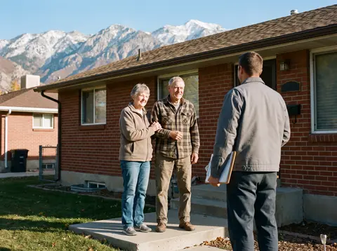 An older couple on the front step of their brick rambler talk with a technician, the Wasatch peaks behind them.